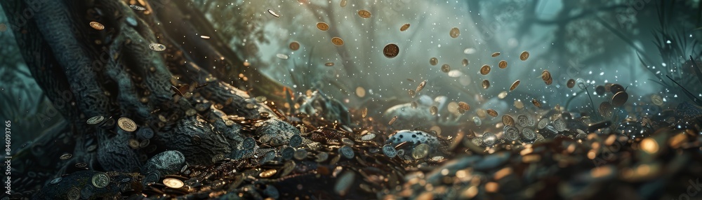 Magical forest scene with glowing coins spread across a mystical landscape, evoking a sense of fantasy and wonder. Magical forest scene with glowing coins spread across a mystical landscape, evoking a sense of fantasy and wonder.