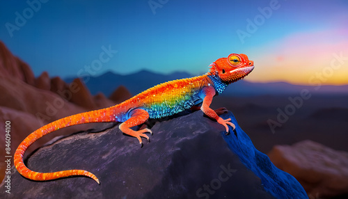 a red-headed agama lizard basking on a rock, its bright red head contrasting with its blue body, with a desert landscape in the background. photo
