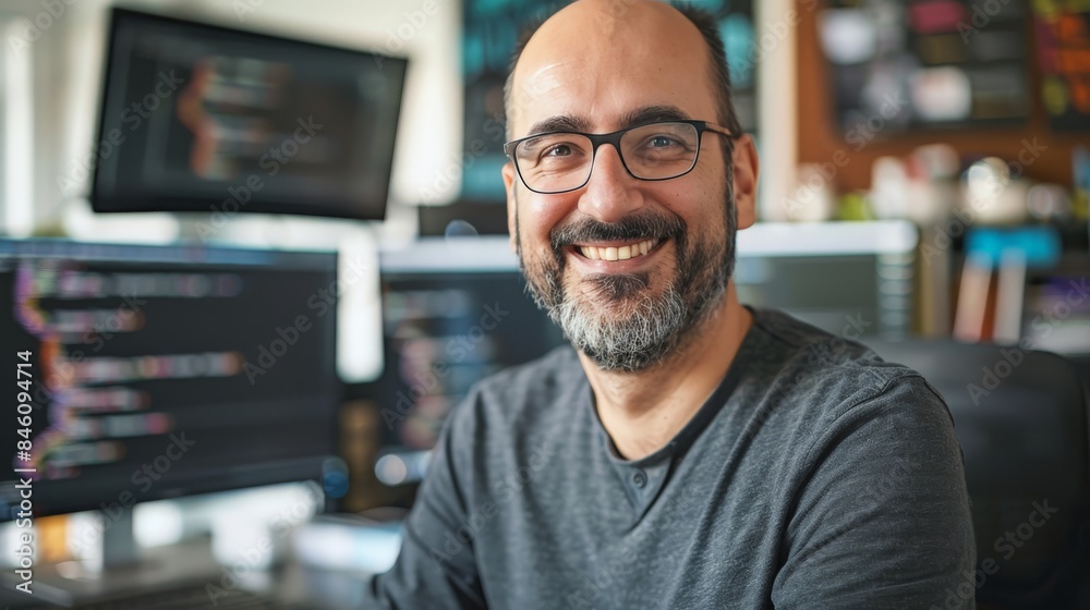 Portrait of a software engineer in a creative workspace, smiling at the camera with dual monitors in the background Portrait of a software engineer in a creative workspace, smiling at the camera with dual monitors in the background