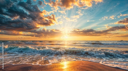 Fototapeta Naklejka Na Ścianę i Meble -  Vibrant sunset over ocean waves on a sandy beach