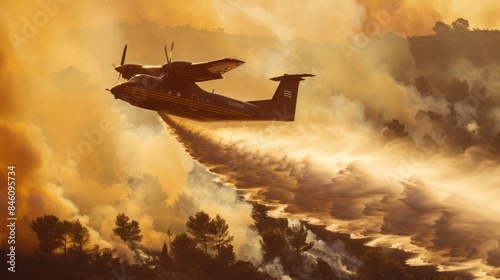 A firefighting plane is spraying water on a forest fire photo