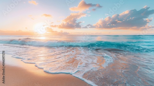 Fototapeta Naklejka Na Ścianę i Meble -  Scenic summer beach with hot hues of the sunset reflecting on the ocean waves
