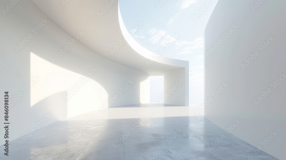 Obraz premium White background, 3D background with curved walls, light blue sky, light grey floor, minimalist style, minimalist style