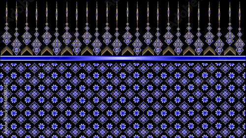 Abstract black background with floral patterns and blue ethnic Thai patterns.