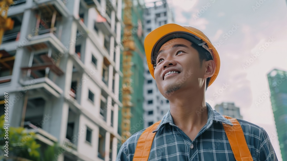 Smiling Asian architect in a helmet looking forward at his project's progress at a city construction site