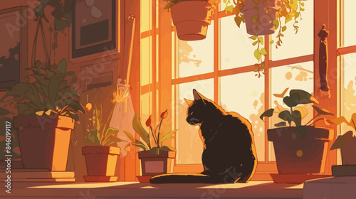 Cat Yawning in the Side Of Windows House Cartoon Illustration