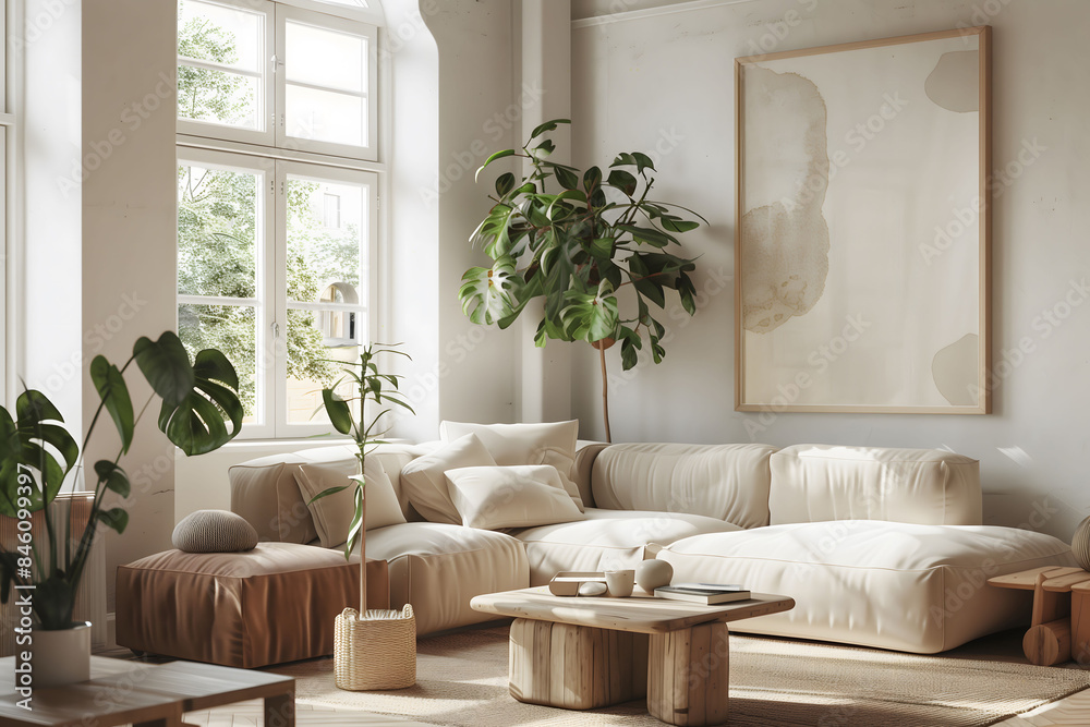 Stylish living room featuring a white wooden frame poster mockup, exuding modern sophistication. Stylish living room featuring a white wooden frame poster mockup, exuding modern sophistication.