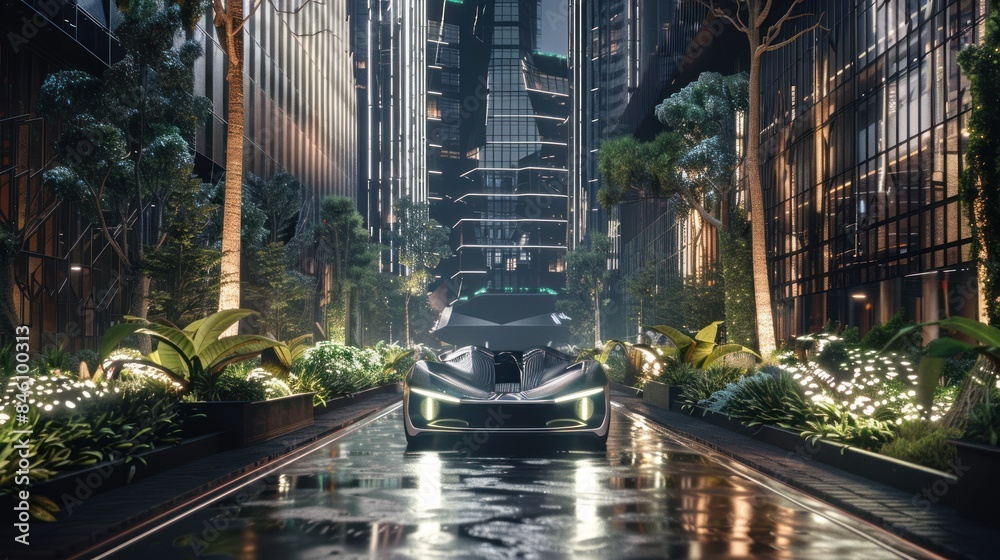 Futuristic vehicles of the future are running on the green city road of the future. Futuristic vehicles of the future are running on the green city road of the future.