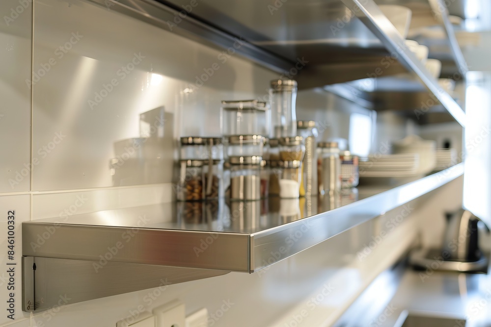 Stainless steel shelves with cookware in the kitchen Stainless steel shelves with cookware in the kitchen