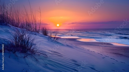 Sunrise as seen from the sand dunes at the outer banks in beach