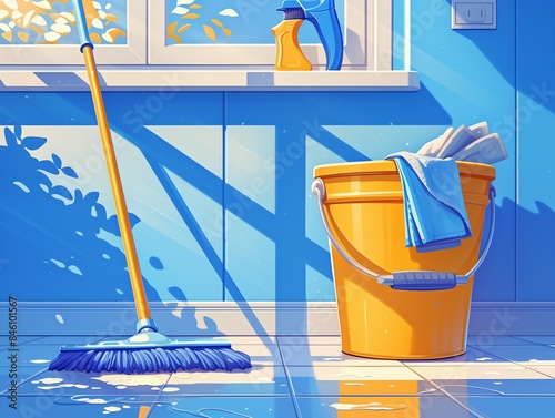 Indispensable cleaning assistants: Mop and bucket with foamy water. Cartoon illustration, generated by Ai