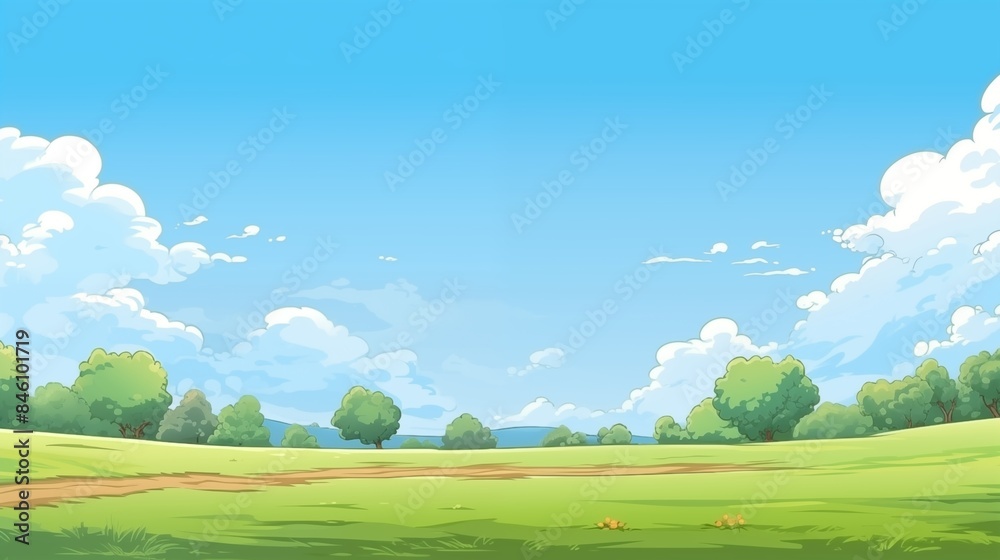 Obraz premium A Sunny Day in a Tranquil Meadow with Blue Skies and Fluffy Clouds