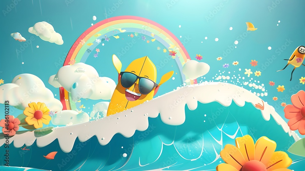 Surfing on a wave on ocean sea on summer vacation with cool sunglasses and flower chain and rainbow Surfing on a wave on ocean sea on summer vacation with cool sunglasses and flower chain and rainbow
