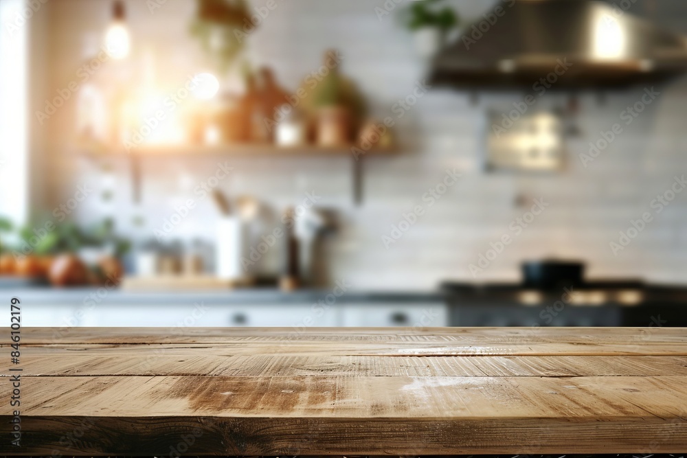 Empty wooden table and blurred kitchen background Empty wooden table and blurred kitchen background