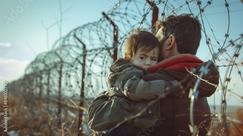 Hispanic man holds a child in his arms immigrants concept generative ai