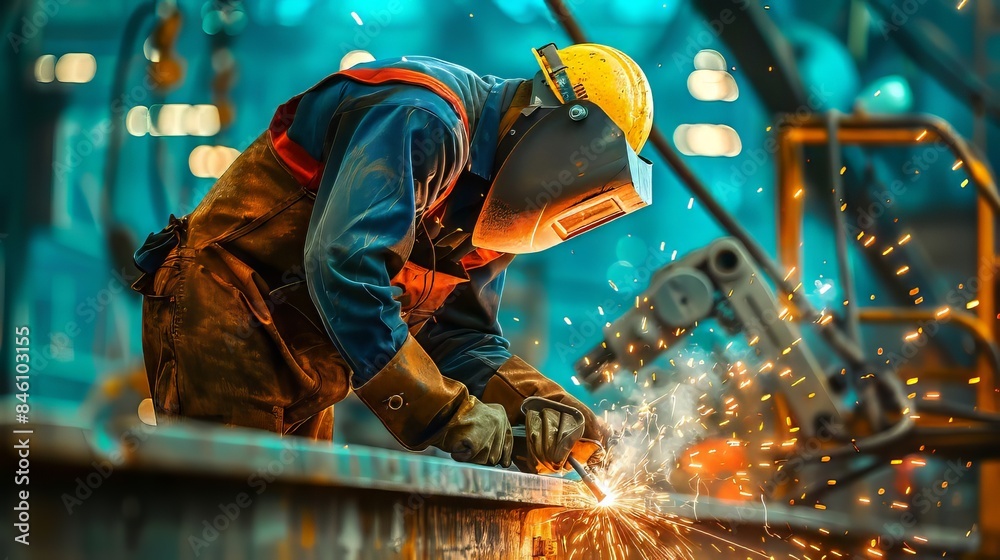 Welding Worker With Safety Helmet and Glass