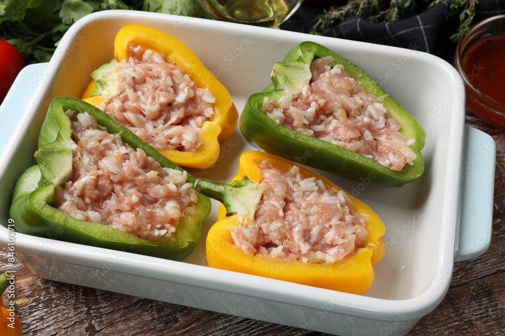 Raw stuffed peppers in dish on wooden table, closeup Raw stuffed peppers in dish on wooden table, closeup