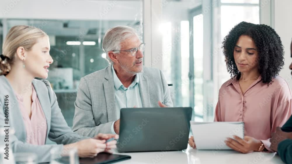 Accounting, meeting or business people with laptop or paperwork for research, teamwork or economic news. Sales review, manager or financial advisors talking in conversation or discussion for solution Accounting, meeting or business people with laptop or paperwork for research, teamwork or economic news. Sales review, manager or financial advisors talking in conversation or discussion for solution