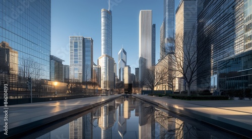 Urban high-rise office building, commercial building,. The grandeur and scale of some tall buildings. This photo shows the high-rise office tower as a symbol of corporate power and innovation.