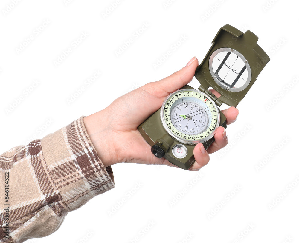 Woman holding compass on white background, closeup Woman holding compass on white background, closeup