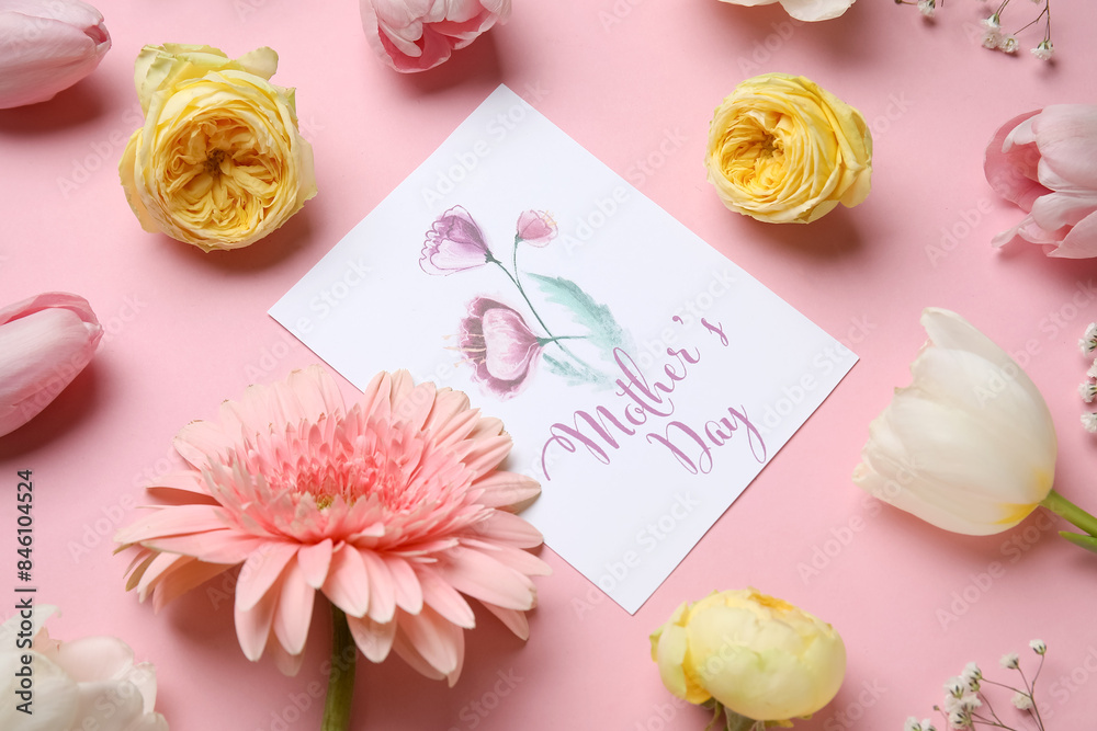 Festive postcard with flowers on pink background. Mother's Day celebration Festive postcard with flowers on pink background. Mother's Day celebration