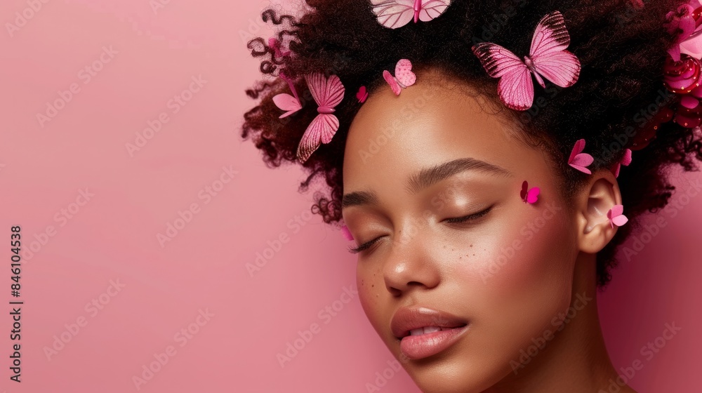 African American girl with pink butterflies in her hair on a pink background generative ai African American girl with pink butterflies in her hair on a pink background generative ai