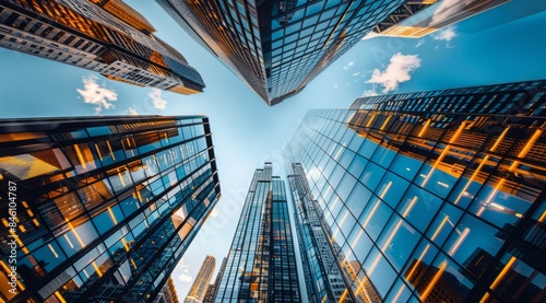 Urban high-rise office building, commercial building,. The grandeur and scale of some tall buildings. This photo shows the high-rise office tower as a symbol of corporate power and innovation.