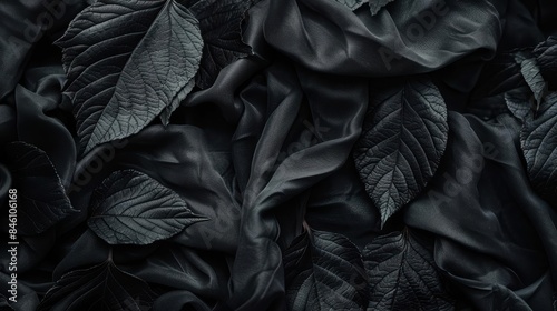 Black fabric and leaves, elegant and sophisticated, soft lighting, high contrast, closeup, intricate textures, luxurious feel photo