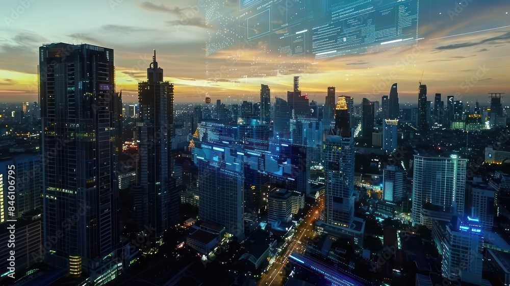 Fototapeta premium Glowing technological process hologram, aerial panoramic city view buildings at sunset