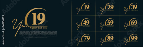 anniversary logotype set vector, golden color with swoosh for special day celebration
