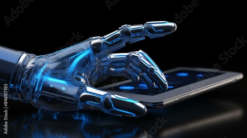 A futuristic android hand grips a modern smartphone, symbolizing technology and innovation.