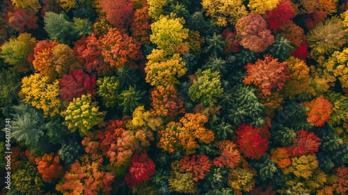 Overhead view of a forest in autumn, showcasing a breathtaking array of fall colors from green to amber