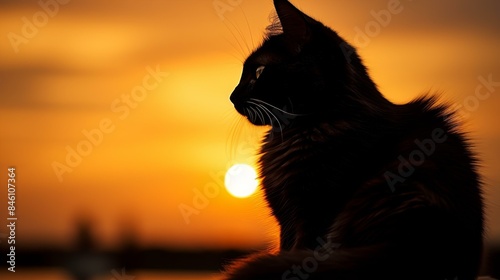 Stunning silhouette of majestic cat against a vibrant sunset backdrop. Elegant, regal, and captivating feline profile image.