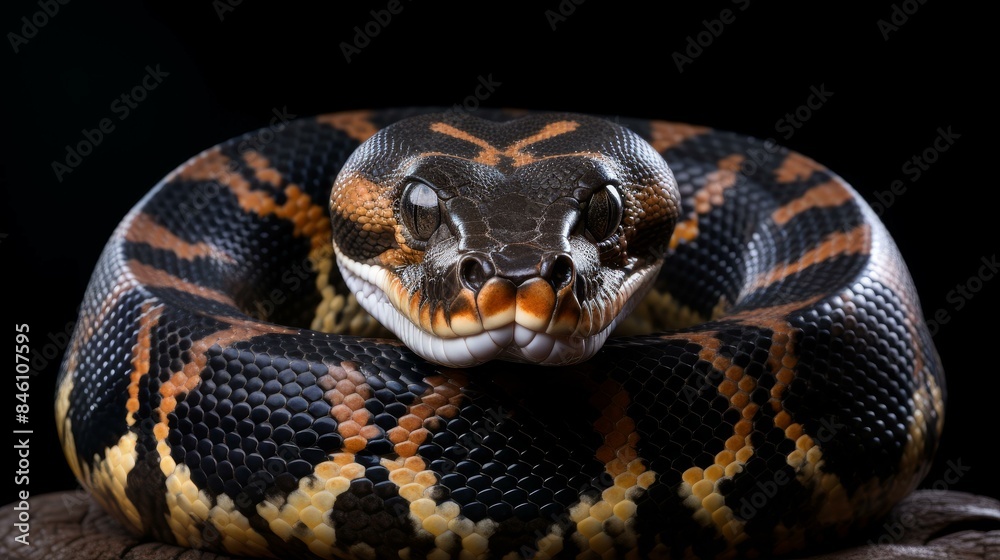 Captivating closeup of a ball pythons coiled pattern, showcasing its sleek and mesmerizing beauty. Captivating closeup of a ball pythons coiled pattern, showcasing its sleek and mesmerizing beauty.