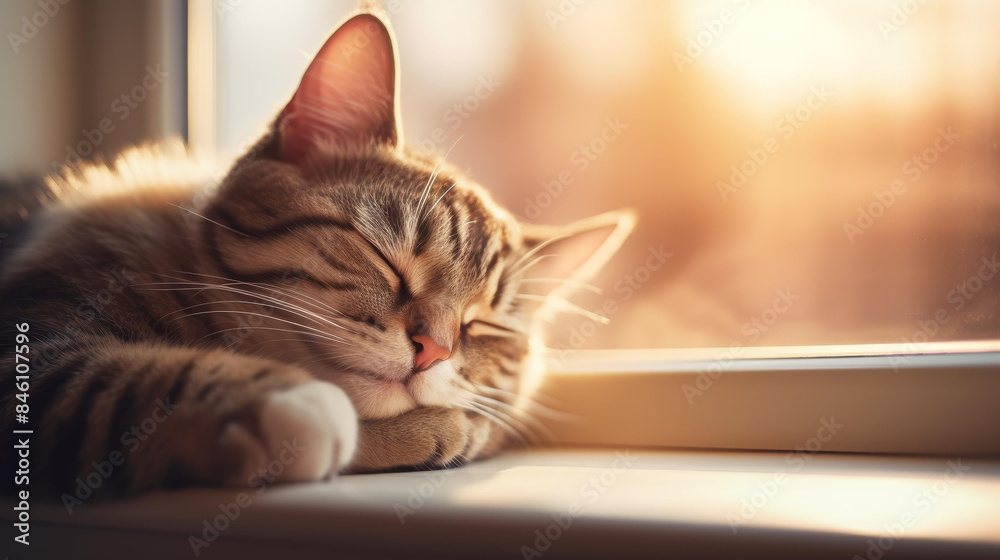 Highres image of a content tabby cat lounging by a window, exuding relaxation and coziness. Highres image of a content tabby cat lounging by a window, exuding relaxation and coziness.
