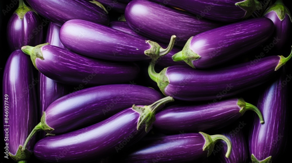 Closeup image showcasing the vibrant and glossy texture of purple eggplants, perfect for food and cooking concepts. Closeup image showcasing the vibrant and glossy texture of purple eggplants, perfect for food and cooking concepts.