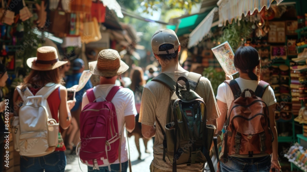 A group of tourists follows a tour guide through the lively street market backs facing the camera. They hold maps and cameras . . A group of tourists follows a tour guide through the lively street market backs facing the camera. They hold maps and cameras . .