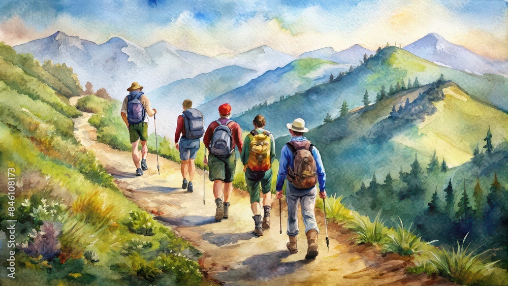 Obraz premium Rear view of hikers on mountain trail in watercolor , hiking, trail, mountains, couple, nature, adventure, backpack, outdoors, exploration, scenic, landscape, wilderness, isolated