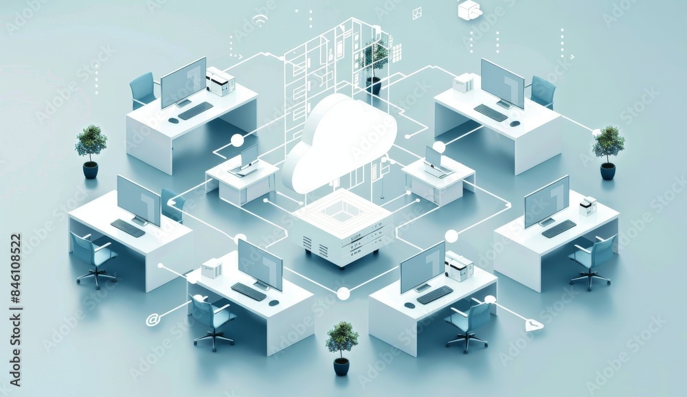 A cloud computing network concept with office desks and computers, highlighting the interconnectedness of digital devices in an open space environment A cloud computing network concept with office desks and computers, highlighting the interconnectedness of digital devices in an open space environment