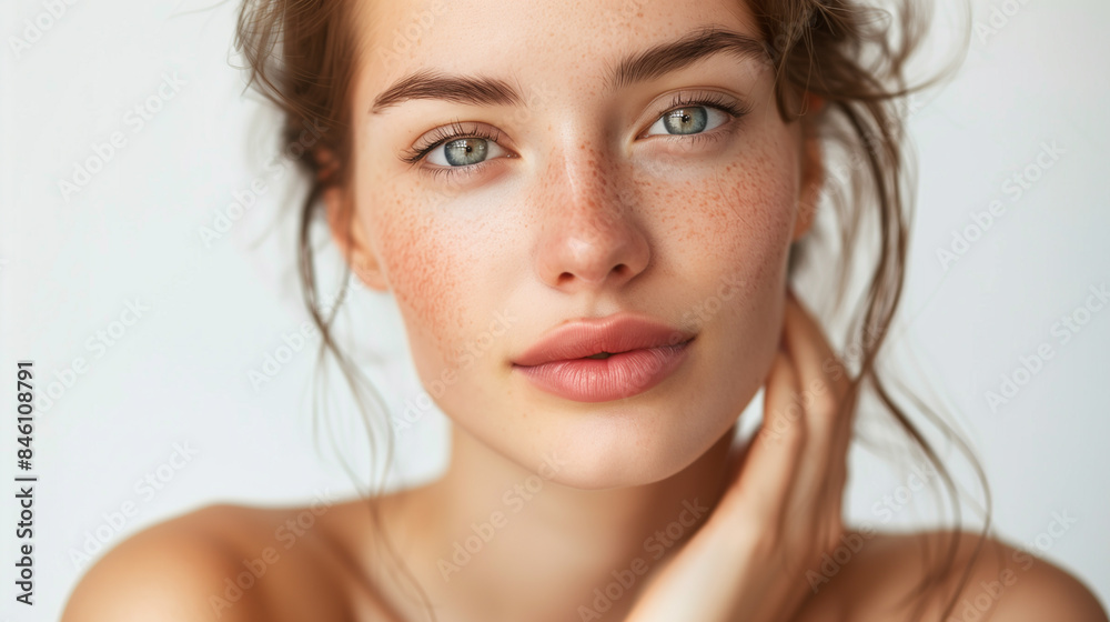 Beautiful woman with freckles is touching her face