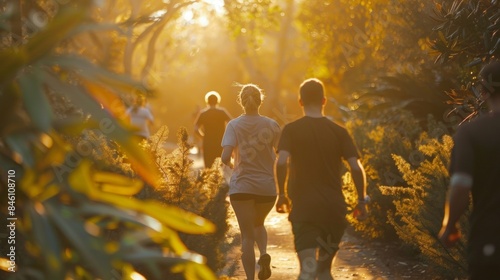 A group of joggers pass by backs to the camera as they make way through the parks winding paths. Each person is lost in . .