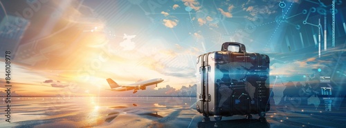 A digital illustration of an airplane and luggage on the airport runway, with graphs in the background representing travel journey data and user experience data.