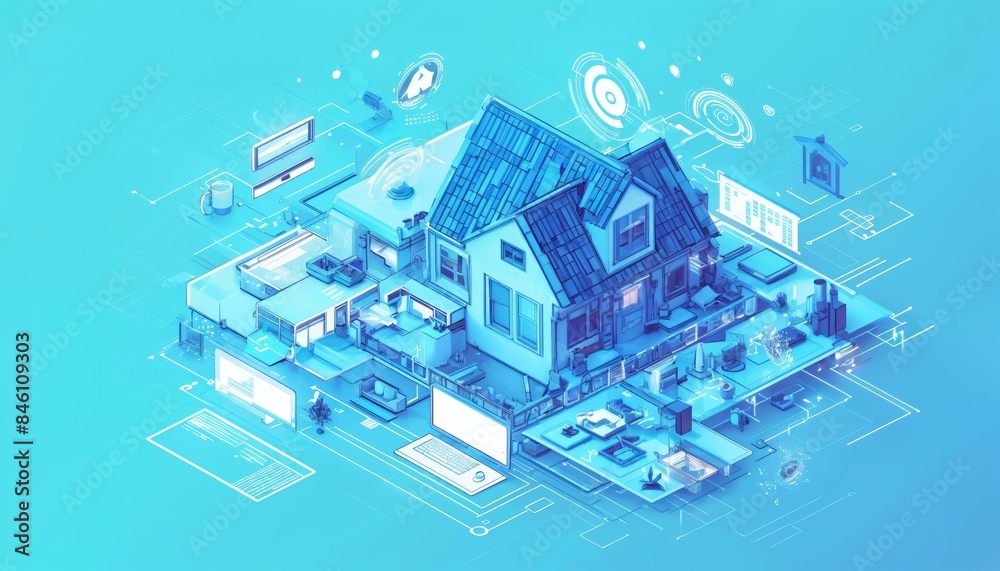 A 3D representation of a smart home integrated with various IoT devices, detailing seamless connectivity and automation. A 3D representation of a smart home integrated with various IoT devices, detailing seamless connectivity and automation.