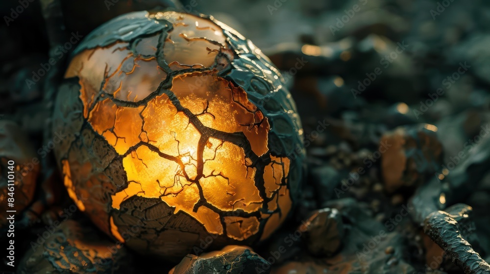 Closeup of a dragon egg, with cracks forming and a soft glow emanating from within Closeup of a dragon egg, with cracks forming and a soft glow emanating from within