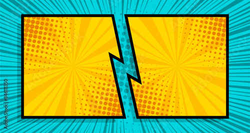 Comic book versus background, classic pop-art style, heroes battle intro, halftone print texture