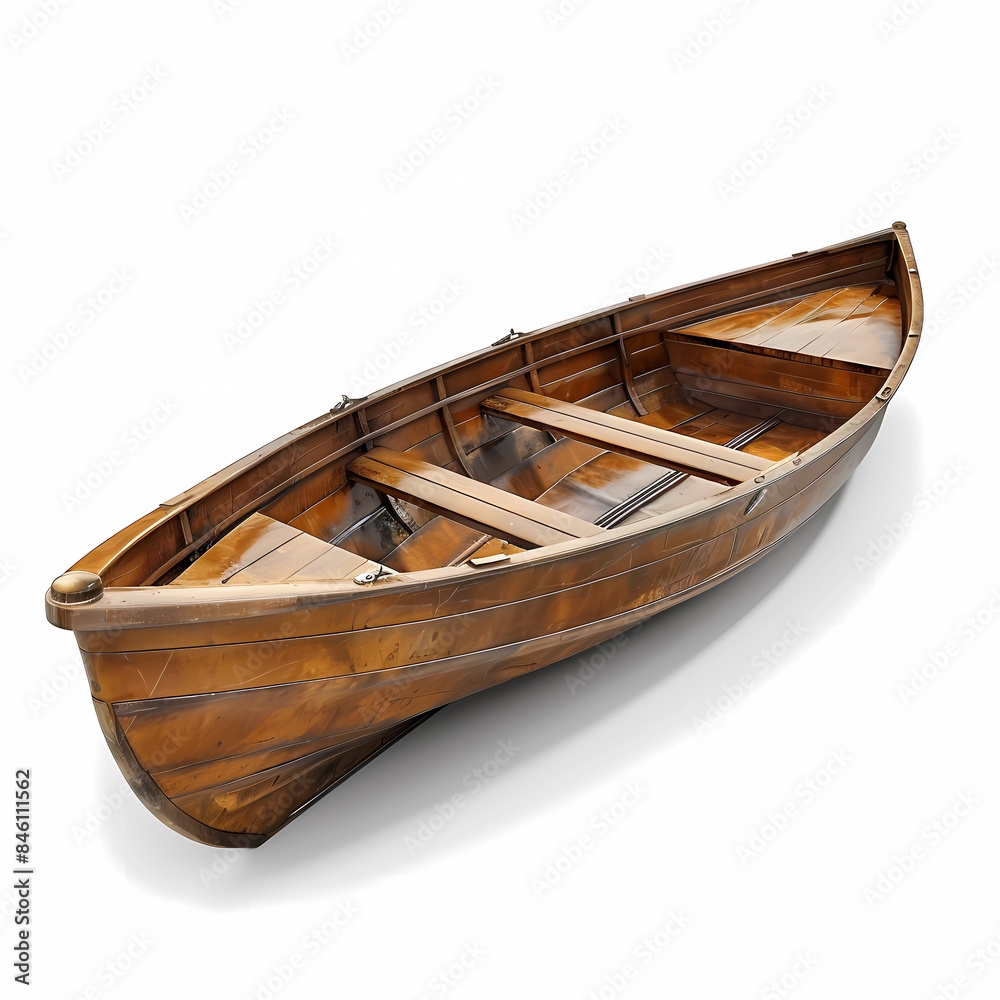 Discover the Quiet Charm of the Isolated Chestnut Rowboat from the Rear Left Corner Discover the Quiet Charm of the Isolated Chestnut Rowboat from the Rear Left Corner