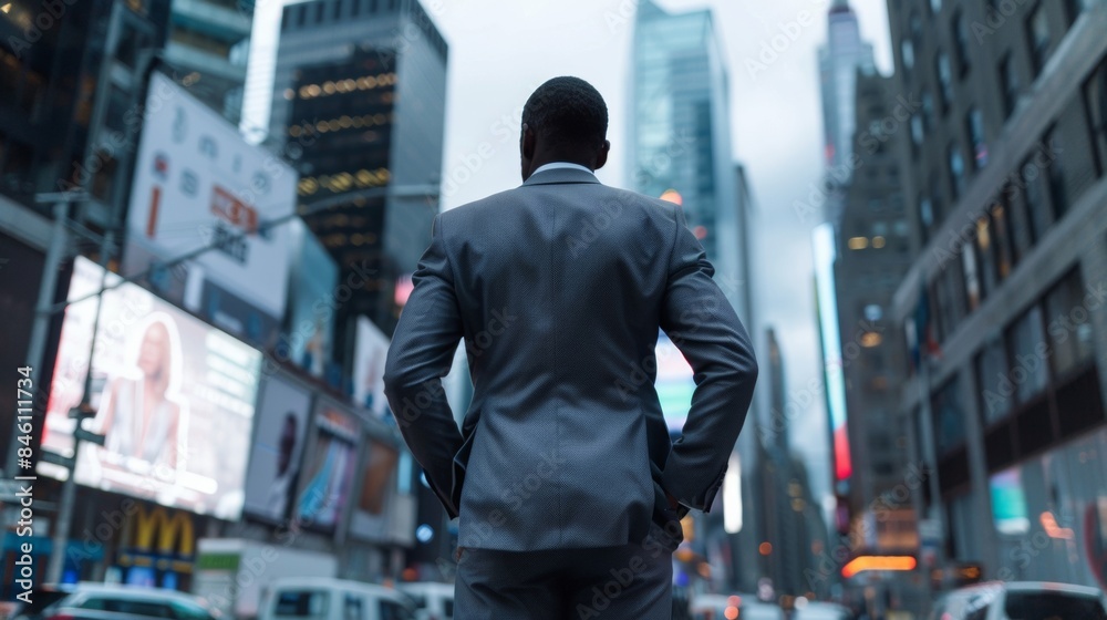 A man in a sleek suit stands with hands casually in pockets facing away from the camera but still taking in the energetic . . A man in a sleek suit stands with hands casually in pockets facing away from the camera but still taking in the energetic . .