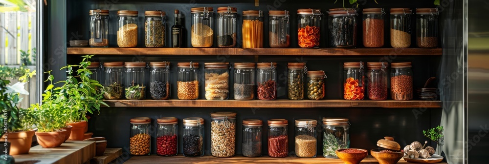 A well-organized kitchen shelf filled with glass jars of various sizes, neatly arranged on wooden shelves, showcasing the different types and colors of dry goods like pasta