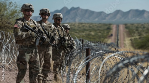 Military and armed border guards stand along the barbed wire border generative ai