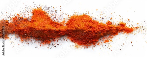 Heap of red and orange chili powder on a white background. Flat lay composition